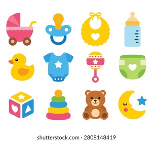 Симпатичные Baby Essentials Icon Set Векторная иллюстрация для детского душа и дизайна детской
