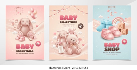 Cute Baby Essentials Poster Set with Teddy Bear and Pastel Nursery Illustration