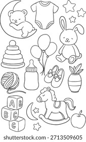 Lindos artículos esenciales para bebés y juego de Vectores de juguete que incluyen un caballo mecedor, oso de peluche, bloques, botella, ropa y zapatos. Ilustración de dibujos animados ideal para la decoración de la guardería, invitaciones de baby shower o pediatría.