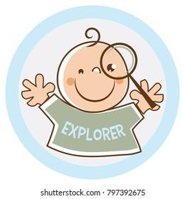 Cute baby explorer watching through the magnifying glass vector illustration. Can be used for early education logo design and baby shower celebration invitation and greeting card.