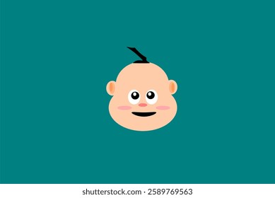 Cute Baby Face Cartoon on Green Background with Happy Expression