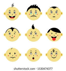 Cute baby face emoticon vector collections. Set of emoticons are laugh, cry, flat, smile, angry,  sad, and surprised. Available in eps10