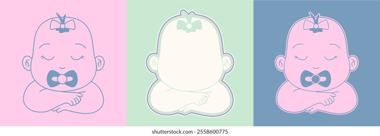 Cute baby face illustrations with pastel backgrounds in pink, green, and blue. Each baby features peaceful expressions with closed eyes and a bow. Perfect for baby products, nursery art, and cards.