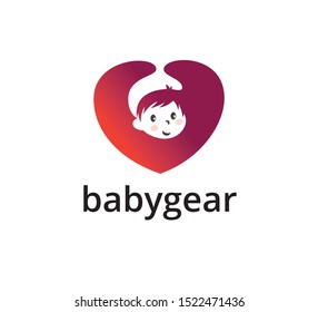 cute baby face inside red heart for child product business vector logo graphic design template