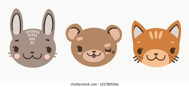 cute baby faces of cartoon animals: bear hare kitten
