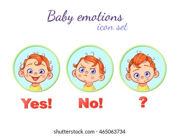 Cute baby faces in different emotions. Vector cartoon round signs on a white background. Yes, no, question.
