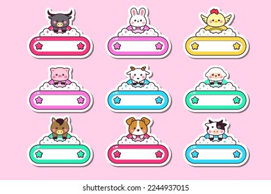 Cute baby farm animals cartoon label name sticker hand drawn style with frame rainbow