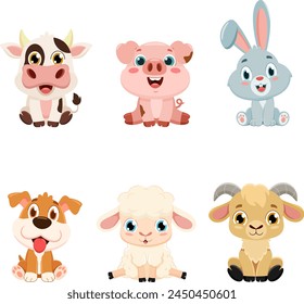 Cute Baby Farm Animals Cartoon Characters. Vector Flat Design Collection Set Isolated On Transparent Background