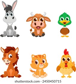 Cute Baby Farm Animals Cartoon Characters. Vector Flat Design Collection Set Isolated On Transparent Background