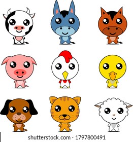 cute baby farm animals set vector design. chickens, horses, donkeys, pigs, chickens, ducks, dogs, cats, sheep
