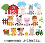 Cute baby farm animals vector illustration including a cow, horse, sheep, donkey, alpaca, llama, goat, pig, cat, dog, chicken, rabbit, barn, tractor and other farm-related items.