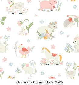 Cute Baby Farm Animals Vector Seamless Pattern Illustration