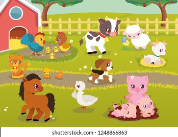 Animales de la granja con el paisaje del pueblo: vaca, cerdo, oveja, caballo, gallo, pollo, gallina, gallina, ganso, cabra, gato, perro. Dibujo vectorial de caricatura en estilo plano