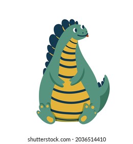 Cute baby fat dinosaur sitting on his ass and showing tongue, isolated on white background. Kid character dino monster for cool nursery prints.
