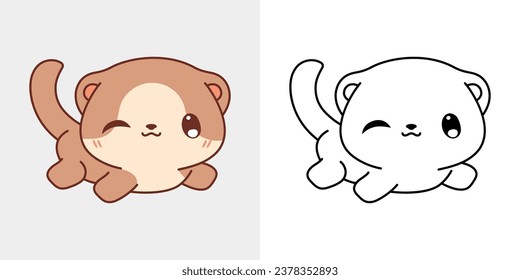 Cute Baby Ferret Clipart for Coloring Page and Illustration. Happy Clip Art Baby Pet. Happy Vector Illustration of a Kawaii Animal for Stickers, Baby Shower, Coloring Pages. 