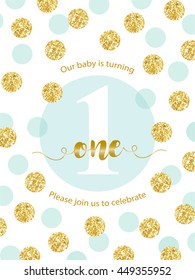 Cute baby first birthday card with golden glitter confetti for your decoration