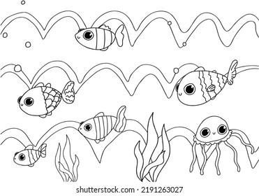 Cute Baby Fish, Jellyfish, Waves, Ocean, Doodle Coloring Book Isolated. Hand Drawn Sketch Sea.