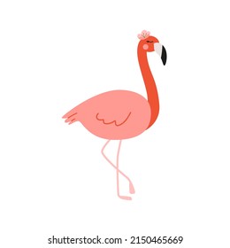 Cute baby flamingo standing isolated on white background. Cute and funny kids vector illustration hand drawn in doodle style
