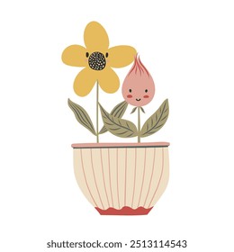 Cute baby flower in plant pot in kawaii cartoon style. Hand drawn vector doodle childish illustration. Isolated simple drawing for kid-friendly graphic and babyish book or card design.