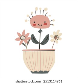 Cute baby flower in plant pot in kawaii cartoon style. Hand drawn vector doodle childish illustration. Isolated simple drawing for kid-friendly graphic and babyish book or card design.