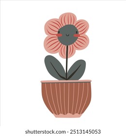 Cute baby flower in plant pot in kawaii cartoon style. Hand drawn vector doodle childish illustration. Isolated simple drawing for kid-friendly graphic and babyish book or card design.