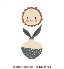 Cute baby flower in vase in kawaii cartoon style. Hand drawn vector doodle childish illustration. Isolated simple drawing for kid-friendly graphic and babyish book or card design.