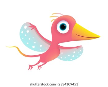 Cute Baby Flying Dinosaur with Wings, Kids Illustration. Funny dino bird clip art, adorable character design for kids. Vector character clipart cartoon for children.