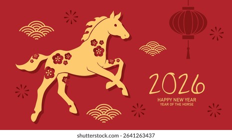 Cute baby foal year of the horse 2026 card. Chinese new year of the horse banner, or Lunar new year 2026 vector illustration with zodiac horse silhouette and hanging lantern decoration.