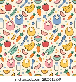 Cute Baby Food and Mealtime Pattern with Bibs Fruit Vegetables and Bottles
