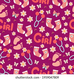 Cute baby footprints toys for baby seamless pattern, pink print for newborn girl, vector illustration in doodle style, cartoon.