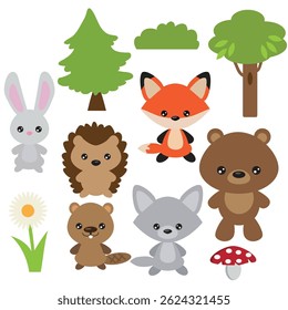 Cute baby forest animals collection vector cartoon illustration
