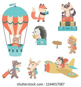 Cute Baby Forest Animals Traveling Theme Old Fashion Retro Flat Vector Illustration Design Elements Isolated on White