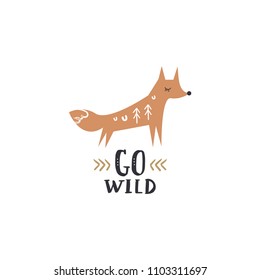 Cute baby fox art and text sign. 
Vector, clipart, isolated details. Editable elements.