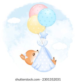Cute Baby Fox with balloon newborn cartoon illustration