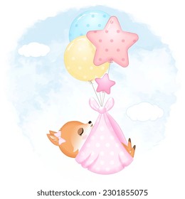 Cute Baby Fox with balloon newborn cartoon illustration