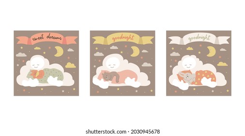 Milde Babyfuchs, Bär und Hase schlafen in Wolken. Gute Nacht und süße Träume. Set von Poster mit Charakter in flachem Stil.