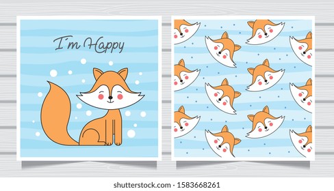 cute baby fox in the card. pattern background. vector illustration