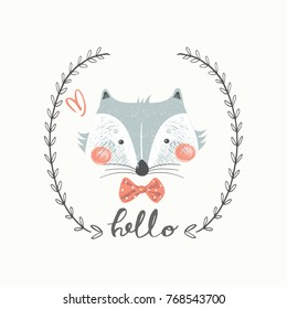 Cute baby fox. cartoon hand drawn vector illustration. Can be used for baby t-shirt print, fashion print design, kids wear, baby shower celebration, greeting and invitation card.