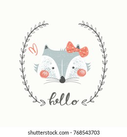 Cute baby fox. cartoon hand drawn vector illustration. Can be used for baby t-shirt print, fashion print design, kids wear, baby shower celebration, greeting and invitation card.