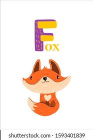 Cute baby fox in cartoon style with big letter “F”. Funny ginger forest animal isolated on white background. Alphabet education card for children. Vector print for nursery posters, t-shirts, postcards