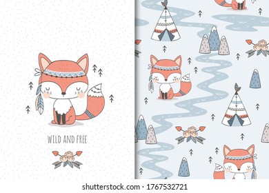 Cute baby fox. Cartoon Tribal 
 forest animal character. Kids card print template and seamless background pattern. Hand drawn surface design vector illustration. 