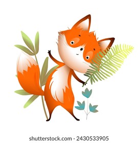 Cute baby fox character with leaves and flowers in nature. Animal cartoon for children fairytale or story about little fox. Vector isolated clipart for kids in watercolor style.