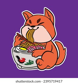 cute baby fox eating ramen noodles. vector illustration