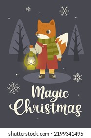 Cute baby fox in the forest with kerosene lamp. Christmas card with animal and calligraphy lettering.