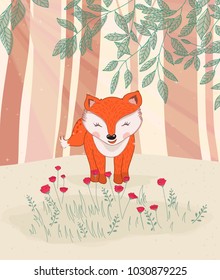 cute baby fox in the forest, vector illustration