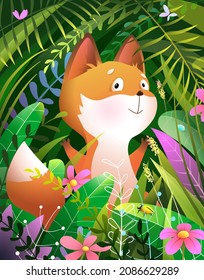 Cute baby fox greeting card for kids, peeping out from grass and flowers in forest or jungle. Children amusing fox animal postcard. Vector illustration in watercolor style.