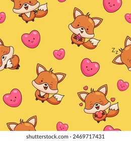 Cute baby fox with hearts - vector seamless pattern. kawaii style sketch with small animal. Valentines day romantic wallpaper