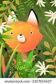 El zorro bebé lindo escondiéndose en el jardín o bosque entre flores y hierba. Fox en la naturaleza salvaje dibujando para los niños. Ilustración ilustrada a mano para niños. Caricatura de animales vectores al estilo acuarela.