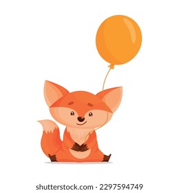 Cute baby fox holds yellow balloon in his hand. Vector illustration for designs, prints and patterns. Isolated on white background. Cartoon style