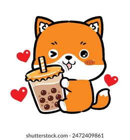 Cute Baby Fox Hugging Bubble Milk Tea. Kawaii Style Cartoon